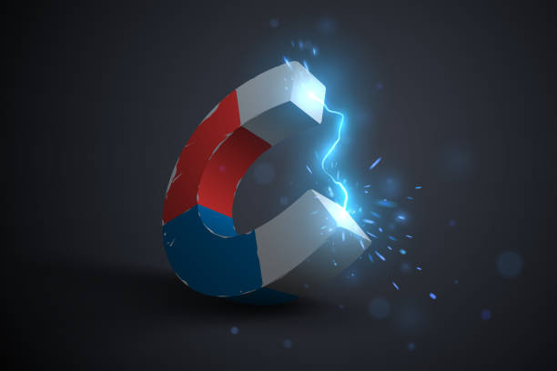 Blue and red magnet with lightning effect Blue and red magnet with lightning effect in vector magnetic field stock illustrations