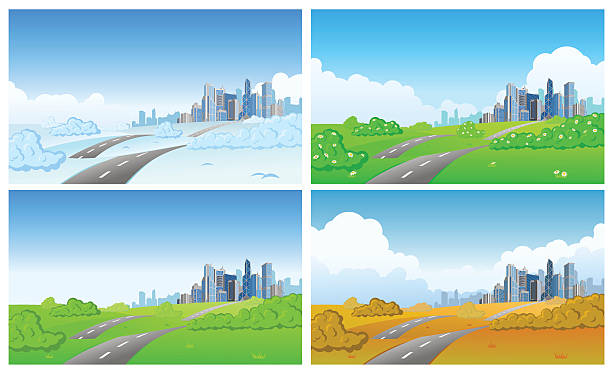 ilustraciones, imágenes clip art, dibujos animados e iconos de stock de ciudad en las cuatro estaciones - four seasons cloud autumn plant