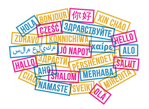 Rubber stamps with word HELLO in different languages around the world. Translation, Language interpreter concept vector illustration.