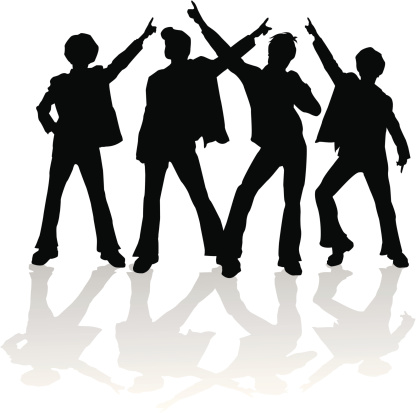 Four male silhouettes of figures from the 70's in classic disco positions... kinda like a 70's disco boy band with four John Travoltas.