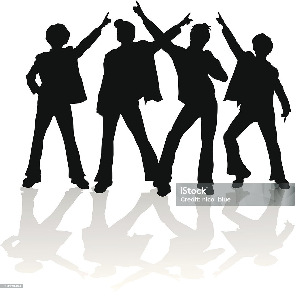 disk! Four male silhouettes of figures from the 70's in classic disco positions... kinda like a 70's disco boy band with four John Travoltas. Disco Dancing stock vector