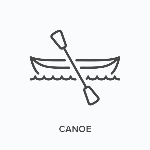 illustrazioni stock, clip art, cartoni animati e icone di tendenza di icona della linea piatta della canoa. illustrazione vettoriale del paddle boat. pittogramma lineare sottile nero per il trasporto dell'acqua - canoeing