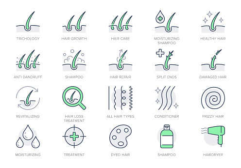 Hair cosmetic line icons. Vector illustration include icon - skincare, frizzy, repair, revitalizing, scalp, dandruff, follicle outline pictogram for trichology. Green Color, Editable Stroke.