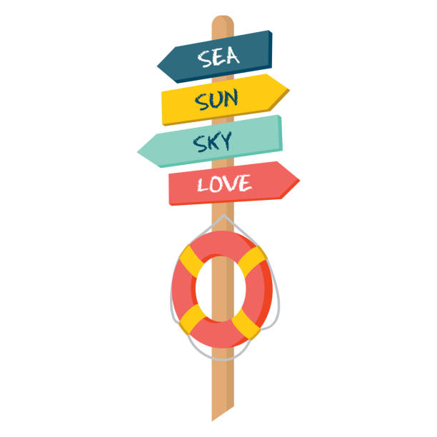 illustrazioni stock, clip art, cartoni animati e icone di tendenza di puntatore alla spiaggia - sign wood road sign directional sign