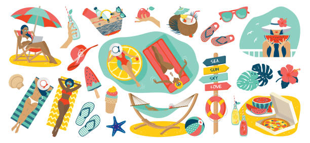 illustrazioni stock, clip art, cartoni animati e icone di tendenza di set spiaggia estiva - inflatable raft illustrations