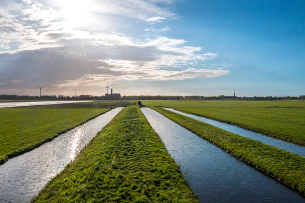 Factory with tall chimney in a green landscape, the Netherlands