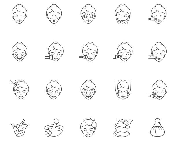 ilustraciones, imágenes clip art, dibujos animados e iconos de stock de conjunto de iconos de cuidado de la piel - cuidado de la piel