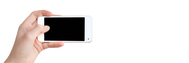 istock Hand holding a phone, blank screen, isolated on white panoramic background 1319987759
