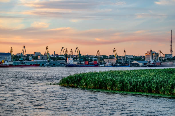 Evening view of the Kherson port from the Dnieper river (Ukraine) stock photo