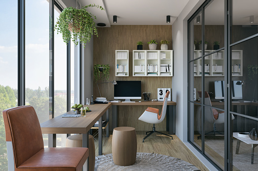 Picture of a modern home office. Render image.