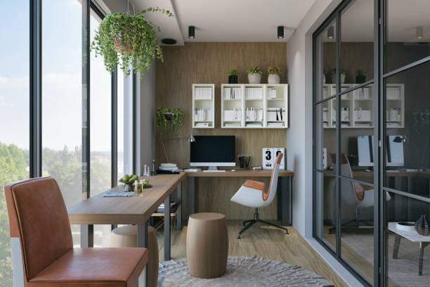 Modern Home Office Picture of a modern home office. Render image. working from home stock pictures, royalty-free photos & images