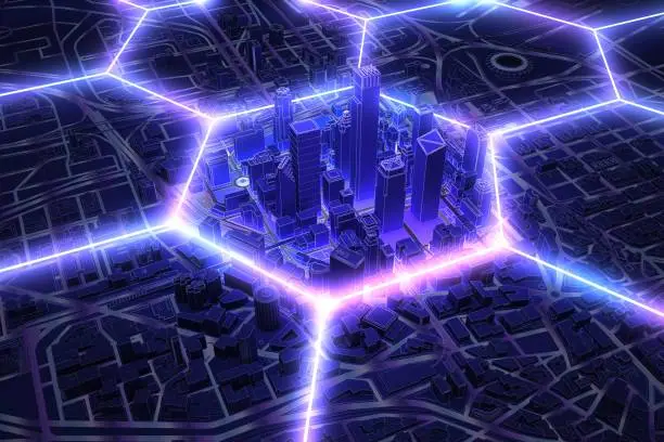 Photo of neon hexagon wire shape over dark city aerial view