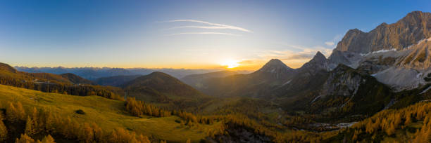 istock aerial panorama of sunset in mountains 1319990340