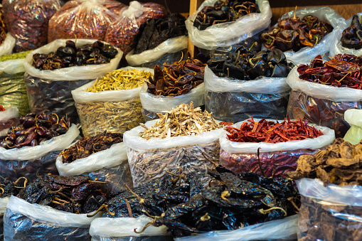 Spices at street market stall in San Miguel de Allende, Guanajuato, Mexico.