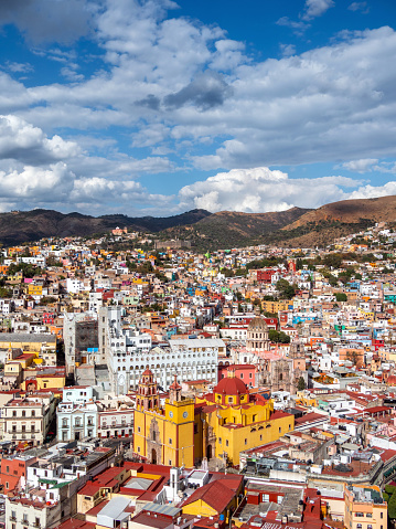 Guanajuato City, Mexico, daytime aerial view of cityscape including historical landmark Basilica of Our Lady of Guanajuato.