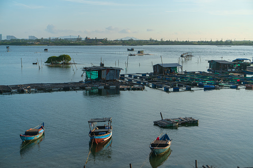 Boats and fish farm by My Ca beach, Cam Ranh, Khanh Hoa province, central Vietnam