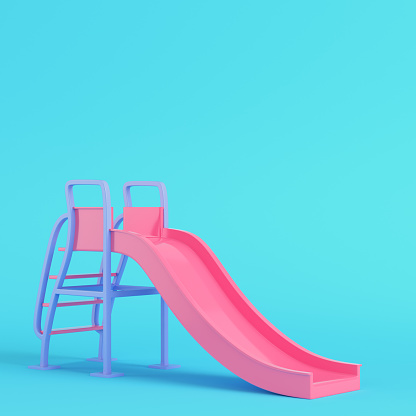 Pink children slide on bright blue background in pastel colors. Minimalism concept. 3d render