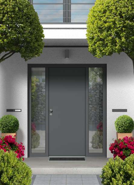 istock modern symmetric home entrance with front door and balcony 1319992731