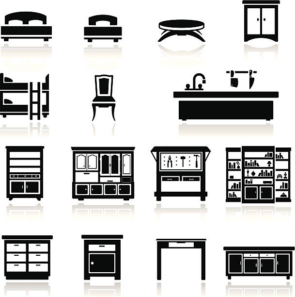 Icons set home furniture simplified but well drawn Icons, smooth corners no hard edges unless it’s required,  kitchen silhouettes stock illustrations