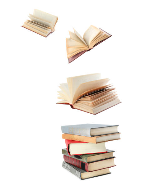 istock Stacked and flying books on white background, collage 1319995246