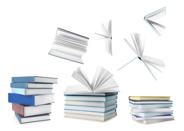 istock Stacked and flying books on white background, collage 1319995300