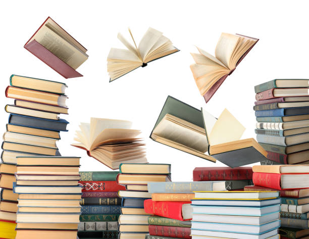 istock Stacked and flying books on white background, collage 1319995304
