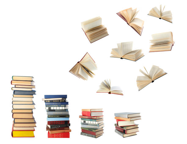 istock Stacked and flying books on white background, collage 1319996085