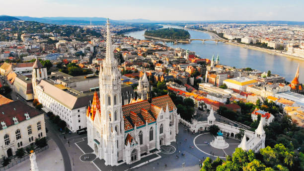 Aerial of Budapest Hungary Matthias Church and Fisherman's Bastion Aerial of Budapest Hungary Matthias Church and Fisherman's Bastion fishermens bastion photos stock pictures, royalty-free photos & images