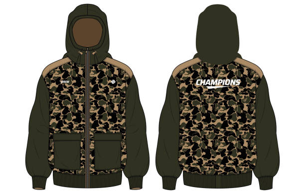 Long sleeve Camouflage Hoodie jacket design template in vector, Hooded utility jacket with front and back view, hooded winter jacket for Men and women. for training, Running and workout in winter Long sleeve Camouflage Hoodie jacket design template in vector, Hooded utility jacket with front and back view, hooded winter jacket for Men and women. for training, Running and workout in winter red camouflage pattern stock illustrations