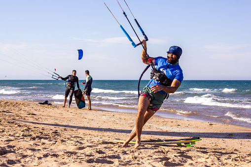 Cullera, Spain; 6th May 2021: A group of sportsmen practice kitesurfing north of Cullera beach.