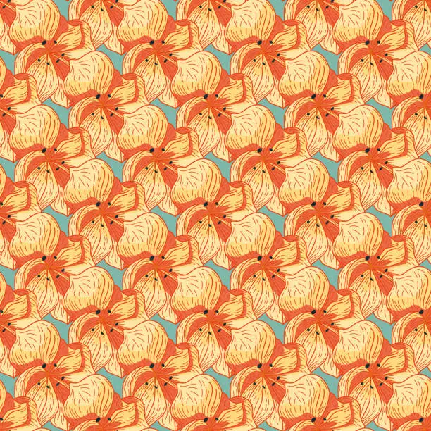 Vector illustration of Abstract botanic seamless pattern with orange orchid flower shapes. Blue background.