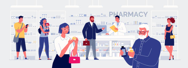 Pharmacy Store. People Buy Medication. Concept. At the counter, a smiling pharmacist takes turns selling drugs to customers. Close-up: People in the pharmacy review the purchased medicines. Colored vector illustration in flat cartoon style. pharmacy stock illustrations