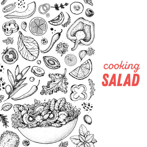 ilustraciones, imágenes clip art, dibujos animados e iconos de stock de ilustración de alimentos saludables. boceto dibujado a mano. ensalada de cocina. comida vegana. vitaminas y minerales para la inmunidad. estilo grabado. blanco y negro. - white jell o fruit salad salad