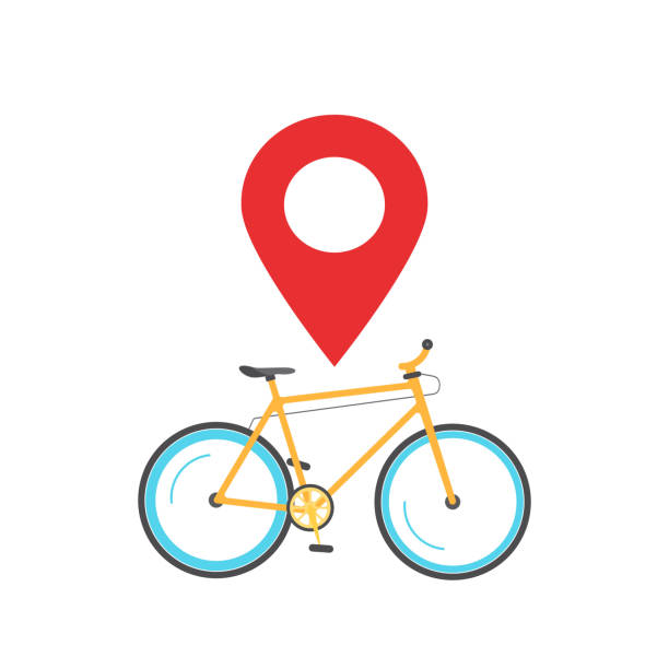 illustrations, cliparts, dessins animés et icônes de le pointeur de navigation de localisation de bicyclette placent le vecteur d’icône ou l’illustration plate de dessin animé de carte de voyage de vélo d’isolement sur le blanc - location vélo