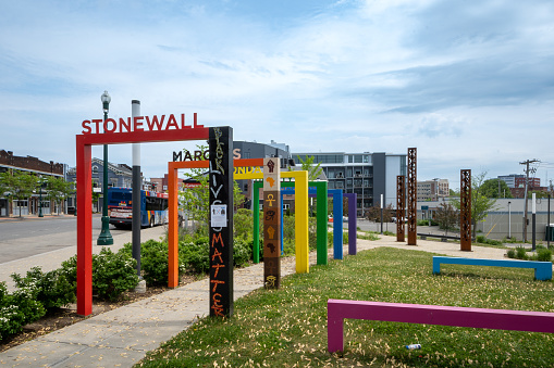 Schenectady, NY - USA - May 23, 2021: landscape view of the Rainbow Pride Art Project at Gateway-Liberty Plaza. Honoring the Stonewall Uprising and other civil rights victories.