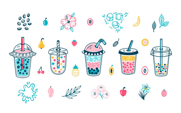 ilustrações de stock, clip art, desenhos animados e ícones de vector cute bubble tea set. plastic takeaway cups. summer pearl milk beverage and fruits, flowers, leaves. boba tea drinks with tapioca - flower cherry cup tea