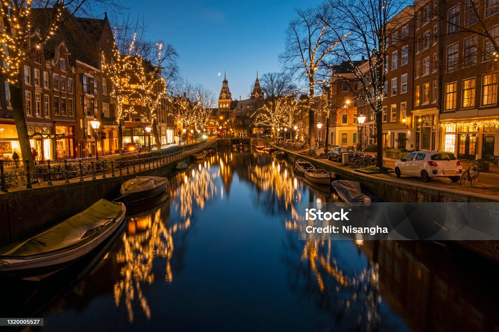 Christmas in Amsterdam the Netherlands at sunset Amsterdam Stock Photo