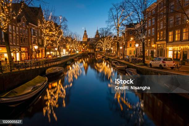 Christmas In Amsterdam The Netherlands At Sunset Stock Photo - Download Image Now - Amsterdam, Christmas, Netherlands