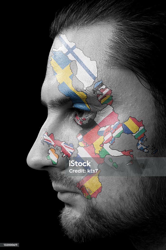 Europe Portrait of a men with the Europe map on his face. Netherlands Stock Photo