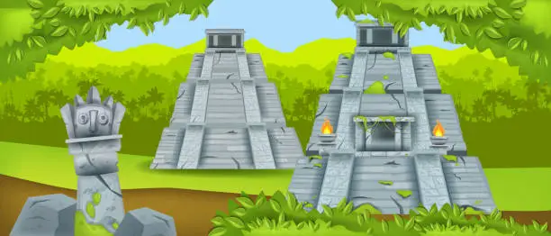 Vector illustration of Ancient maya pyramid, vector Mexico temple ruin, jungle green landscape, rainforest silhouette.