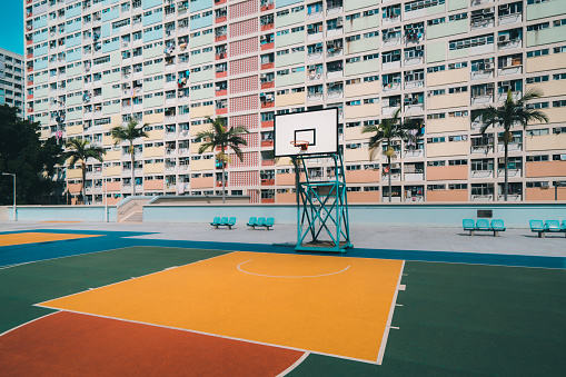 Hong Kong's colorful housing estate with Basketball court