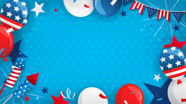 4 lipca celebracja ramki tła ilustracji wektorowej. balony z dekoracją imprezową na tle wzoru gwiazdy - fourth of july backgrounds cheerful happiness stock illustrations