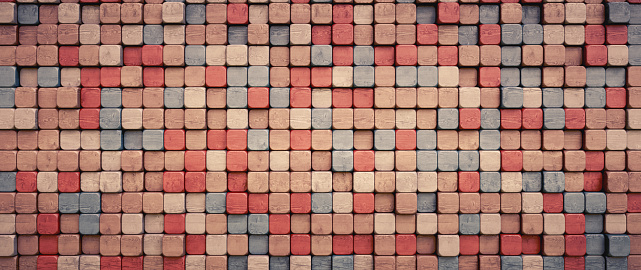Wooden checkered pattern background of multi colored tiles, front view horizontal composition