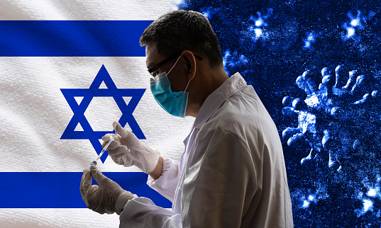 Coronavirus 2019-nCoV and Illness Prevention, Healthcare and Medicine, Vaccination, Immunization & Treatment against Flag of Israel Background Concepts.  Coronavirus COVID-19 can damage human lungs, leading to severe respiratory issues. Rough and textured background indicated the damaged lungs caused by Coronavirus attacked.