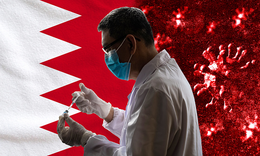 Coronavirus 2019-nCoV and Illness Prevention, Healthcare and Medicine, Vaccination, Immunization & Treatment against Flag of Bahrain Background Concepts.  Coronavirus COVID-19 can damage human lungs, leading to severe respiratory issues. Rough and textured background indicated the damaged lungs caused by Coronavirus attacked.