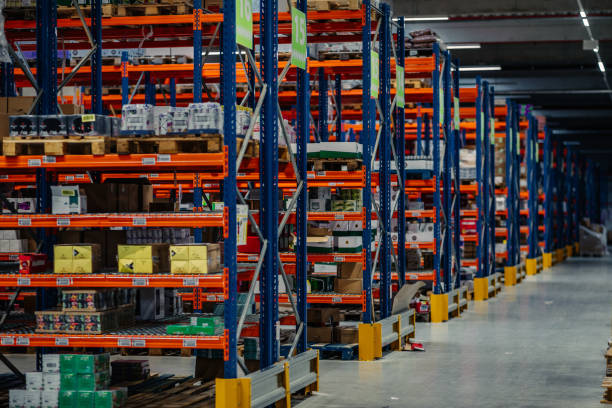 istock Warehouse building and box packaging in shelf suitable for industrial 1320009830