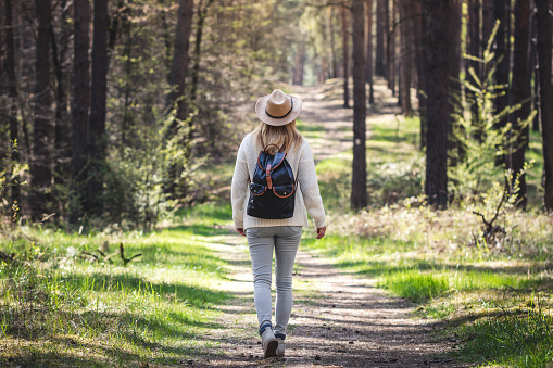 Woman with hat and backpack hiking at foothpath in forest. Adventure outdoors in nature