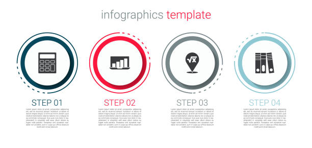 계산기 설정, 그래프 차트와 노트북, x 글리프및 사무실 폴더의 사각형 루트. 비즈니스 인포그래픽 템플릿입니다. 벡터 - geometry graph paper algebra calculator stock illustrations