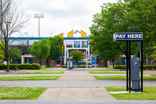Chattanooga, TN, USA-10 May 2021: A horizontal view of Navarre Plaza, at entrance to Finley Stadium.