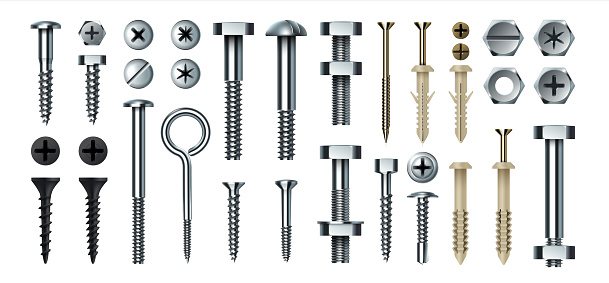 Bolt and screw. Realistic metal fasteners with nuts. 3D hardware assortment. Top and side view of different steel nail types. Isolated tools for building and repairs. Vector metallic self-tapping set